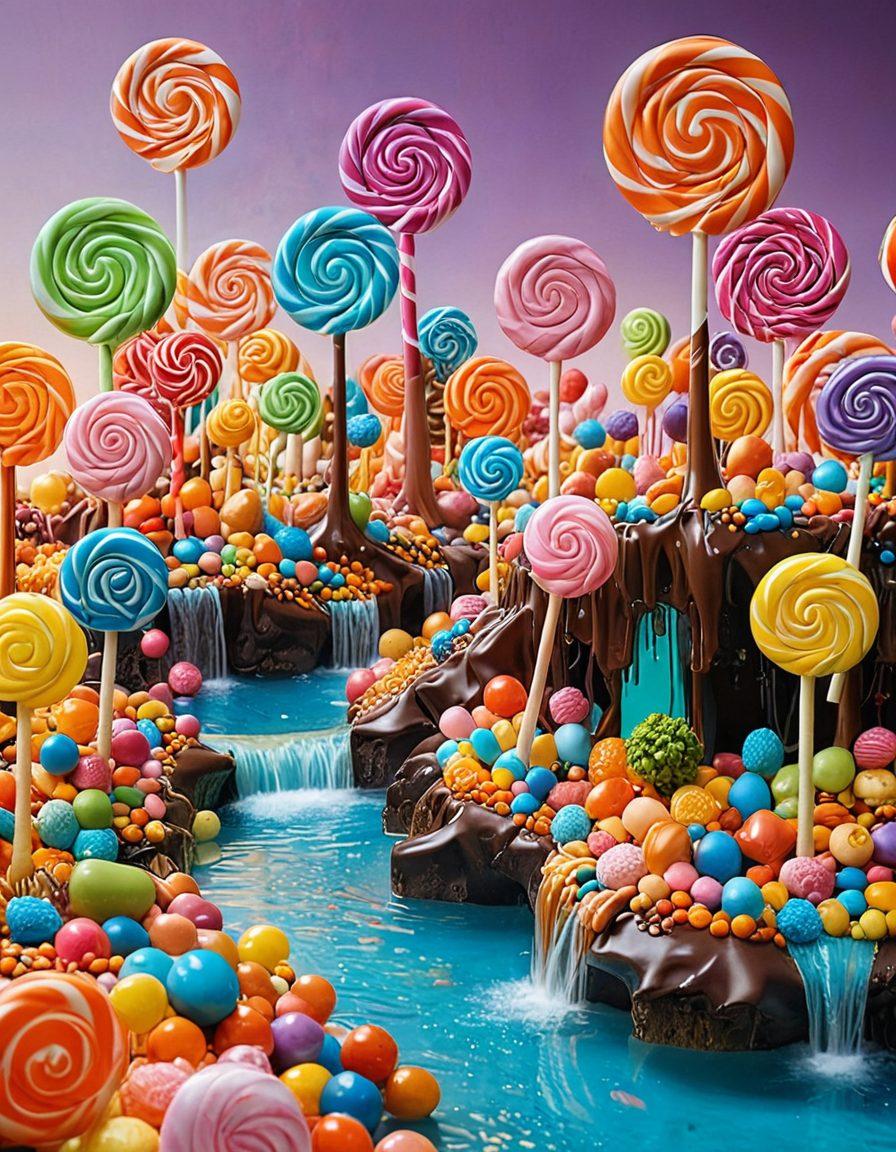 A whimsical candy landscape filled with fantastical artisan candy creations, featuring oversized lollipops, chocolate waterfalls, and colorful caramel trees. Enchanting pastel colors and playful, childlike characters exploring this sugary paradise, evoking joy and wonder. Sparkling accents and intricate details to showcase the artistry of each candy piece. dreamy and magical atmosphere. vibrant colors. super-realistic.