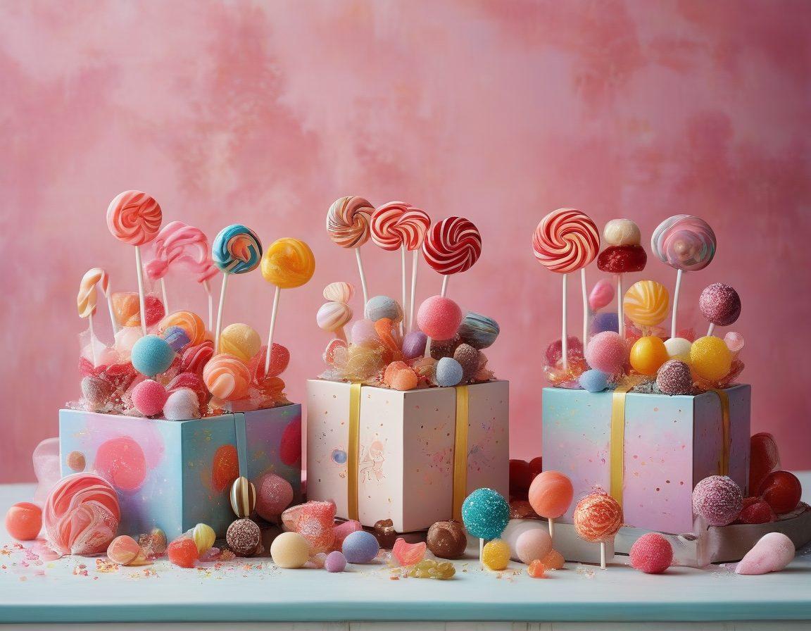 A whimsical display of beautifully crafted artisan candies, including colorful lollipops, intricately designed chocolate truffles, and vibrant gummy shapes, set against a soft, dreamy background sprinkled with fairy dust. Incorporate delicate gift boxes tied with ribbons, hinting at unique gifts waiting to be unveiled. The overall scene should evoke a sense of wonder and delight. vibrant colors. soft focus. whimsical style.