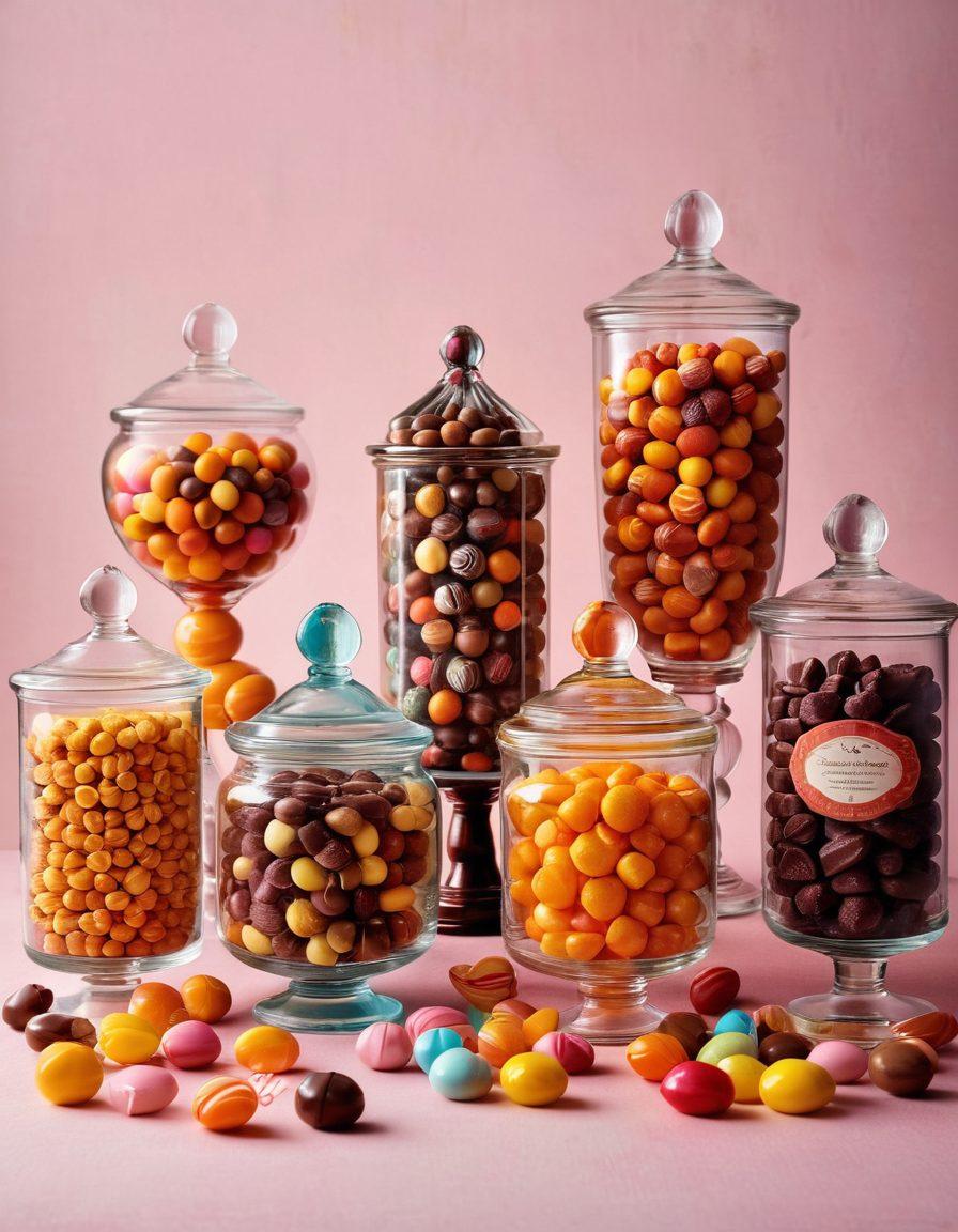 A whimsical display of artisan candies, showcasing an array of vibrant, colorful sweets transitioning from golden caramel hues to rich chocolate tones. Each candy is uniquely shaped, with intricate details and glistening textures, set against a soft pastel background that accentuates the colors. Include playful elements like candy wrappers and decorative jars to enhance the charm. surrealistic. vibrant colors. soft pastel background.